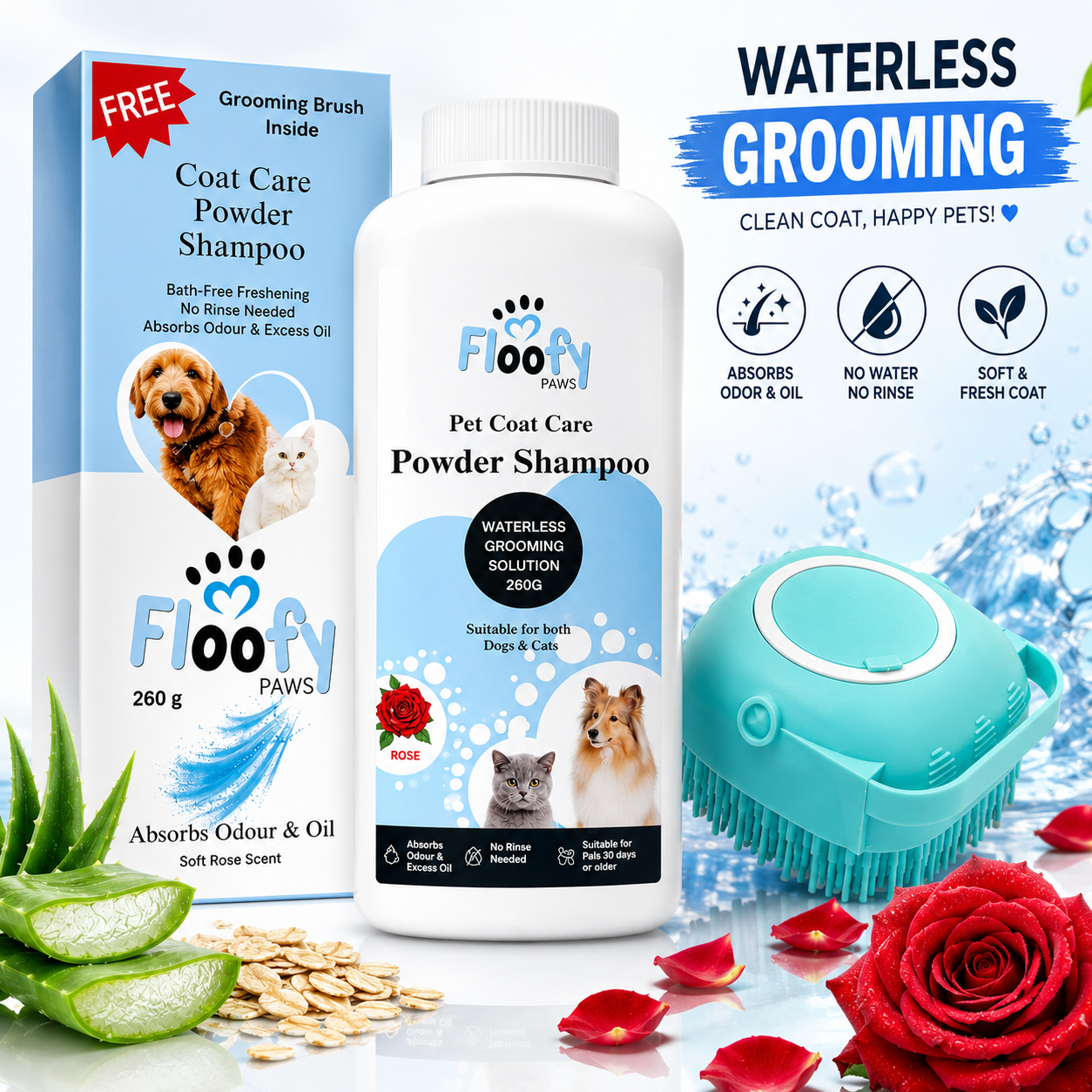 Floofy Paws Coat Care Powder Shampoo for Dogs & Cats with Grooming Brush Included - Waterless No Rinse Dry Pet Shampoo Powder with Aloe Vera & Oats, Removes Odor & Excess Oil, Soft & Fresh Coat, 260g - Image 2