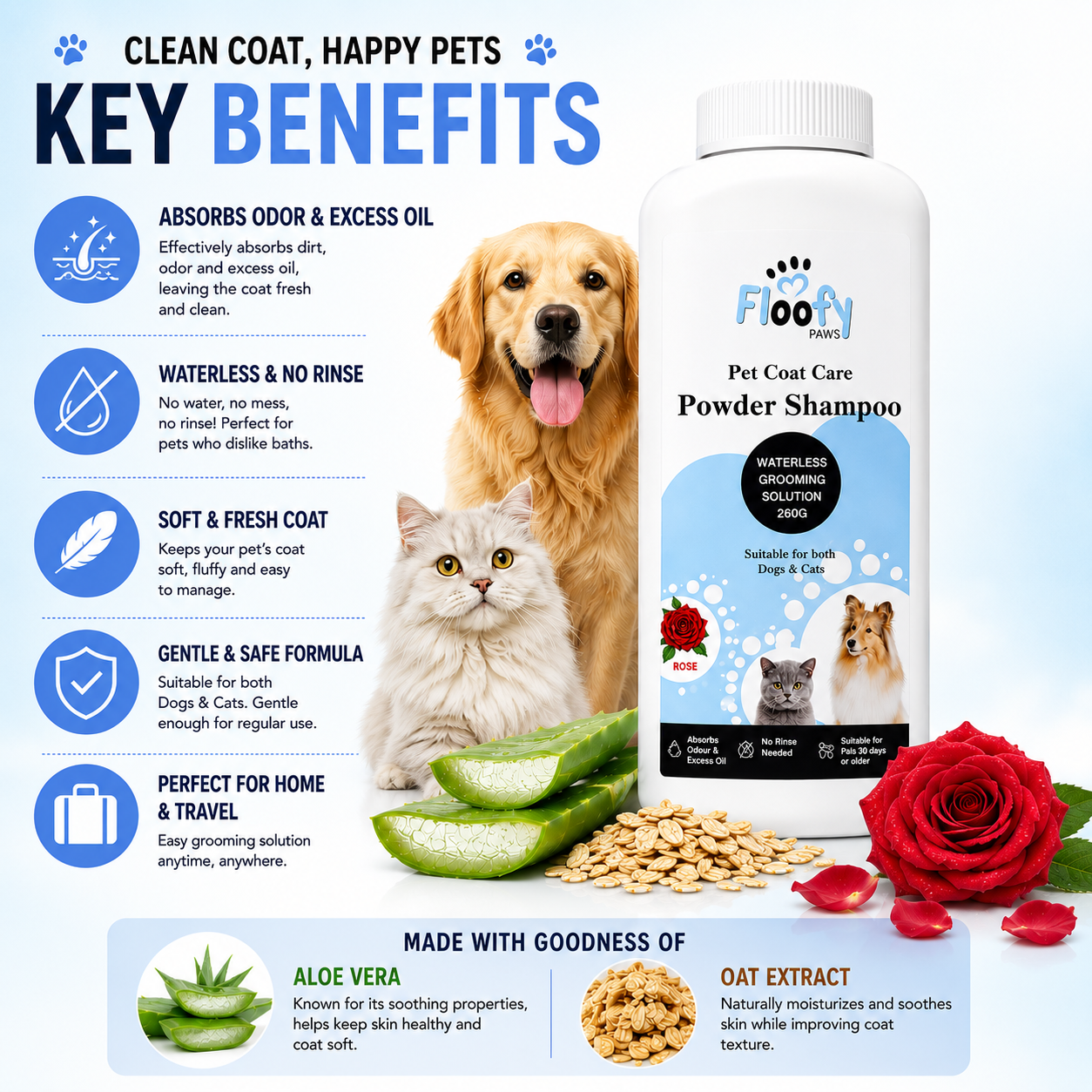 Floofy Paws Coat Care Powder Shampoo for Dogs & Cats with Grooming Brush Included - Waterless No Rinse Dry Pet Shampoo Powder with Aloe Vera & Oats, Removes Odor & Excess Oil, Soft & Fresh Coat, 260g - Image 3