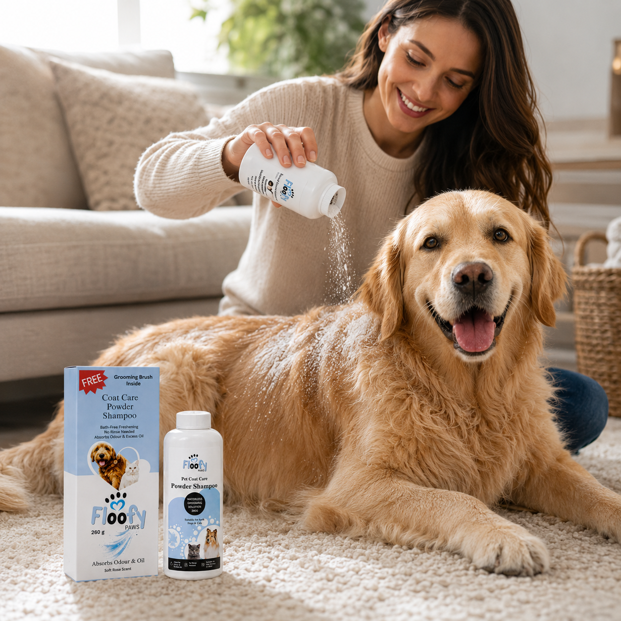 Floofy Paws Coat Care Powder Shampoo for Dogs & Cats with Grooming Brush Included - Waterless No Rinse Dry Pet Shampoo Powder with Aloe Vera & Oats, Removes Odor & Excess Oil, Soft & Fresh Coat, 260g - Image 4
