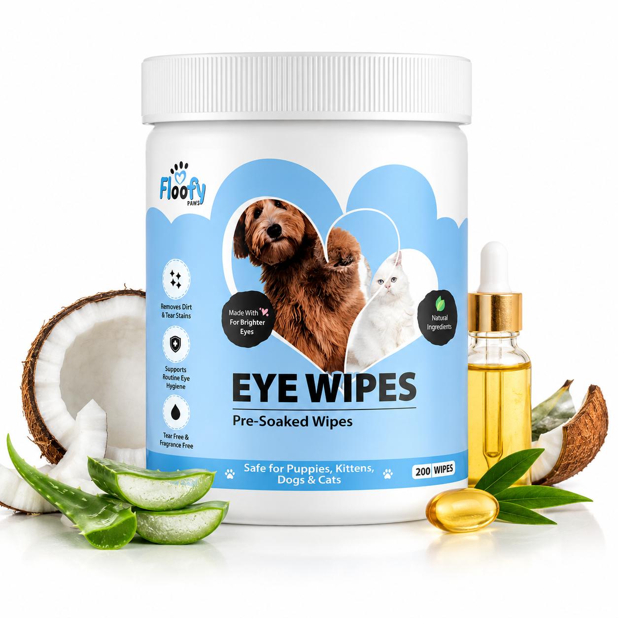 Floofy Paws Dog Eye Wipes & Cat Eye Wipes – 200 Pre-Soaked Pet Eye Cleaning Wipes with Aloe Vera, Coconut Extract & Vitamin E – Removes Tear Stains, Eye Discharge & Dirt – Gentle Daily Eye Care for Dogs, Cats, Puppies & Kittens
