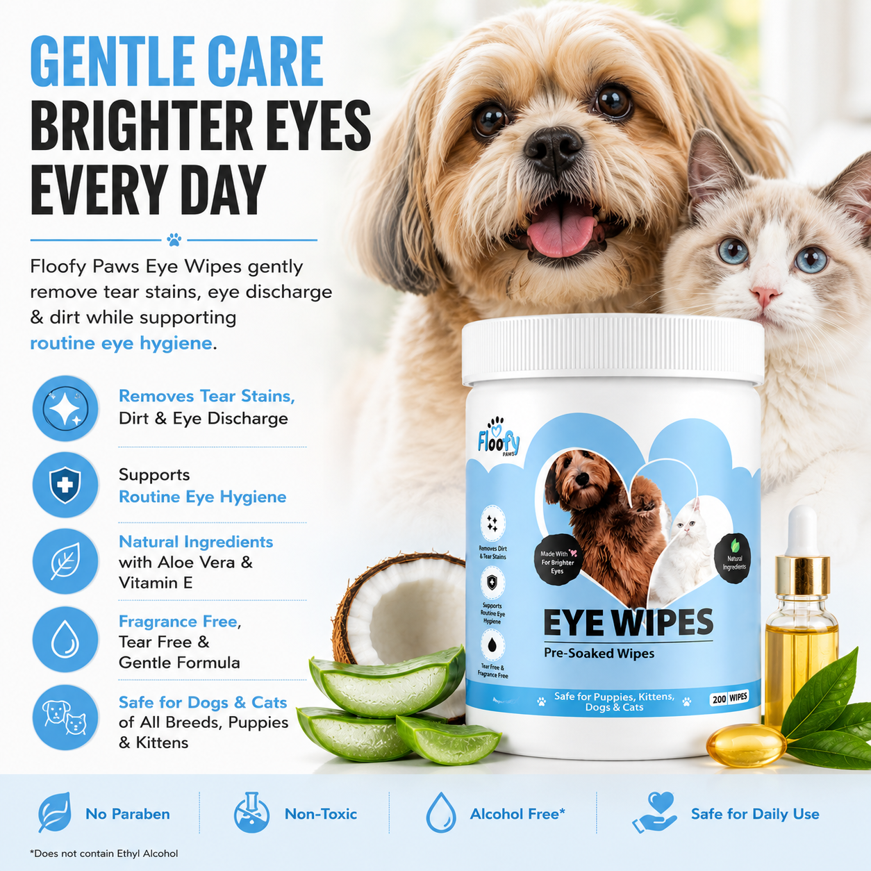 Floofy Paws Dog Eye Wipes & Cat Eye Wipes – 200 Pre-Soaked Pet Eye Cleaning Wipes with Aloe Vera, Coconut Extract & Vitamin E – Removes Tear Stains, Eye Discharge & Dirt – Gentle Daily Eye Care for Dogs, Cats, Puppies & Kittens - Image 2