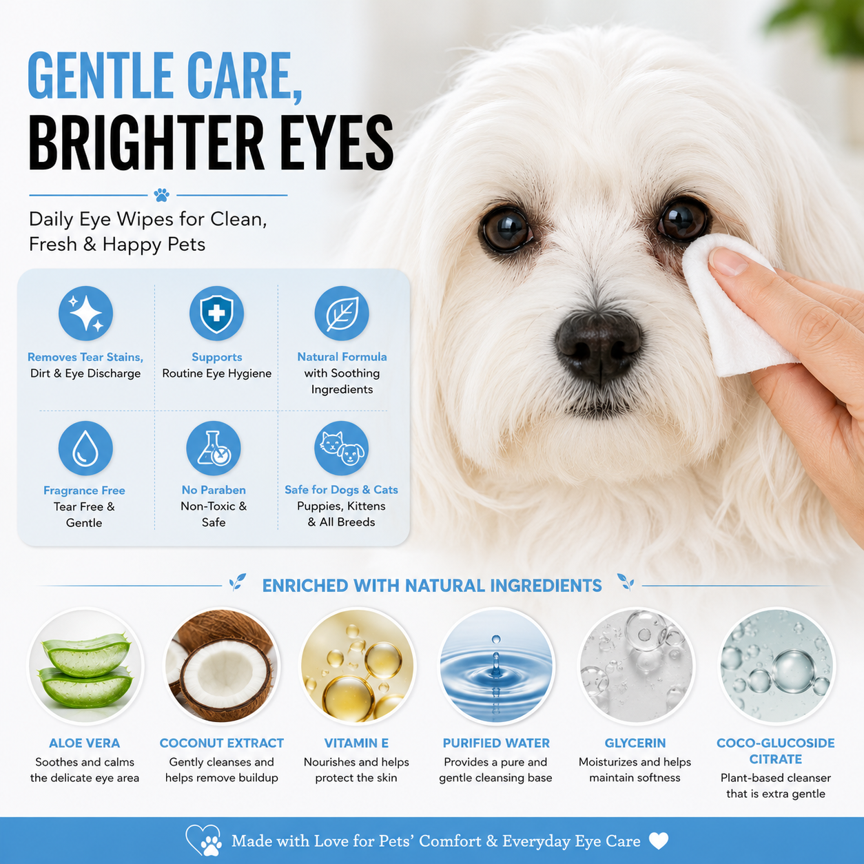 Floofy Paws Dog Eye Wipes & Cat Eye Wipes – 200 Pre-Soaked Pet Eye Cleaning Wipes with Aloe Vera, Coconut Extract & Vitamin E – Removes Tear Stains, Eye Discharge & Dirt – Gentle Daily Eye Care for Dogs, Cats, Puppies & Kittens - Image 5