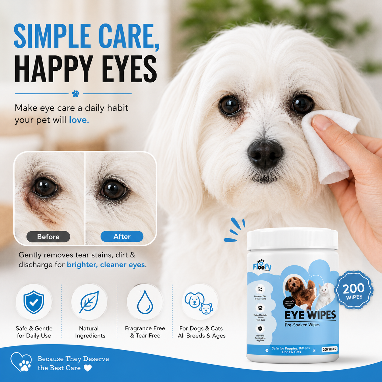 Floofy Paws Dog Eye Wipes & Cat Eye Wipes – 200 Pre-Soaked Pet Eye Cleaning Wipes with Aloe Vera, Coconut Extract & Vitamin E – Removes Tear Stains, Eye Discharge & Dirt – Gentle Daily Eye Care for Dogs, Cats, Puppies & Kittens - Image 6