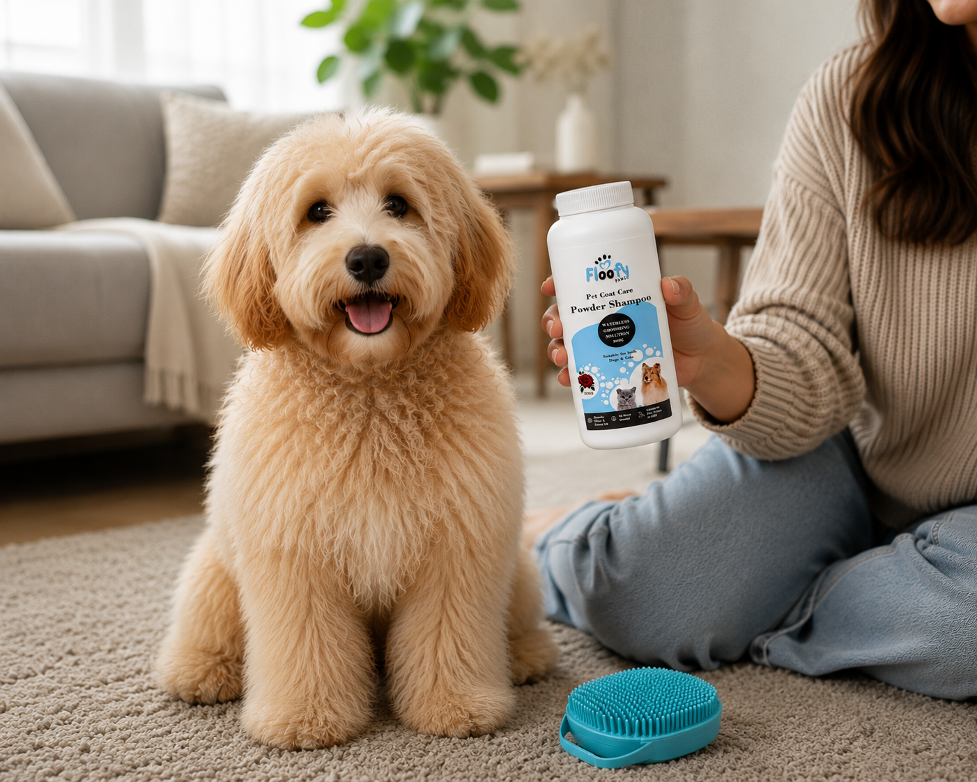 Floofy Paws Coat Care Powder Shampoo for Dogs & Cats with Grooming Brush Included - Waterless No Rinse Dry Pet Shampoo Powder with Aloe Vera & Oats, Removes Odor & Excess Oil, Soft & Fresh Coat, 260g - Image 5