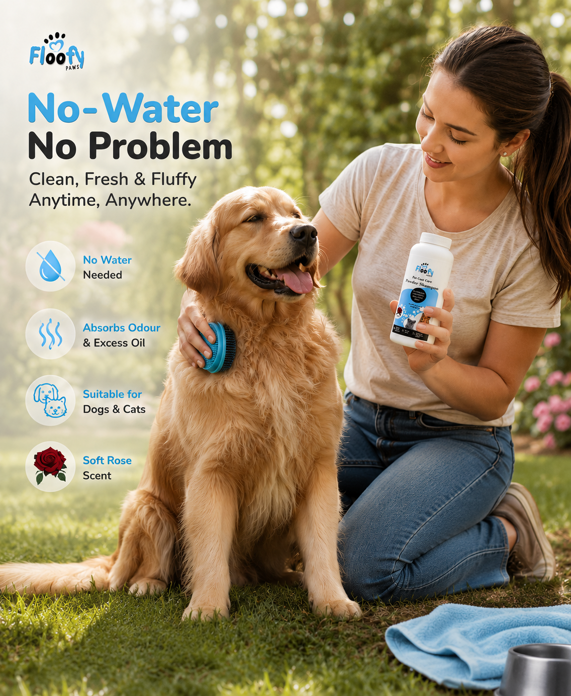 Floofy Paws Coat Care Powder Shampoo for Dogs & Cats with Grooming Brush Included - Waterless No Rinse Dry Pet Shampoo Powder with Aloe Vera & Oats, Removes Odor & Excess Oil, Soft & Fresh Coat, 260g - Image 6