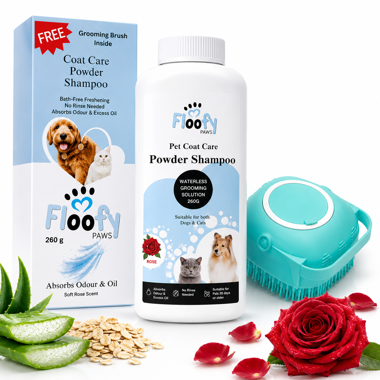 Floofy Paws Coat Care Powder Shampoo for Dogs & Cats with Grooming Brush Included - Waterless No Rinse Dry Pet Shampoo Powder with Aloe Vera & Oats, Removes Odor & Excess Oil, Soft & Fresh Coat, 260g